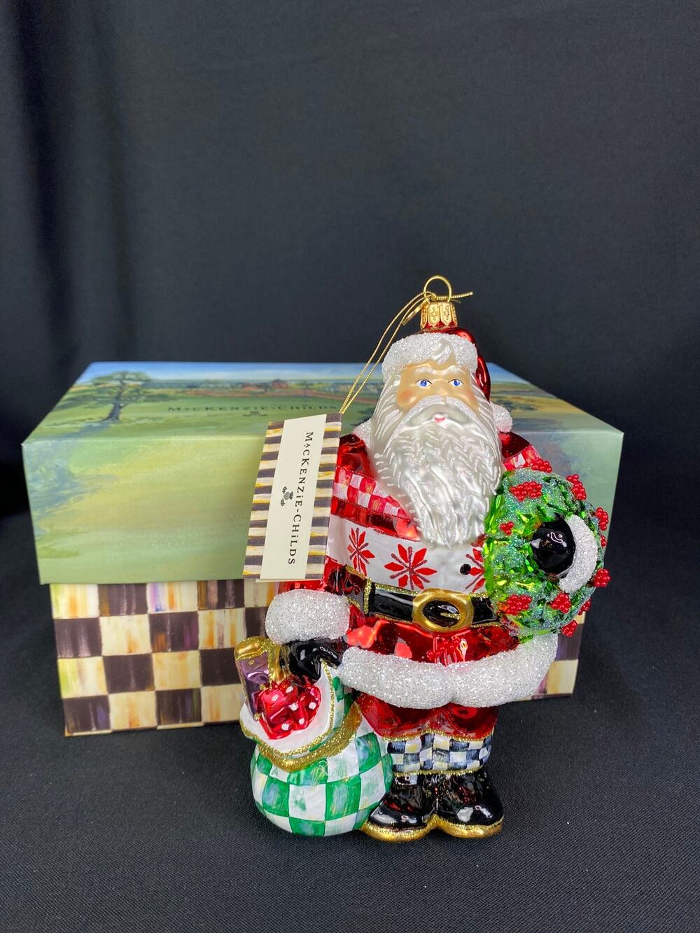 MacKenzie Childs Cozy Sweater SANTA Glass Ornament 8in NIB CHRISTMAS COLLECTIBLE